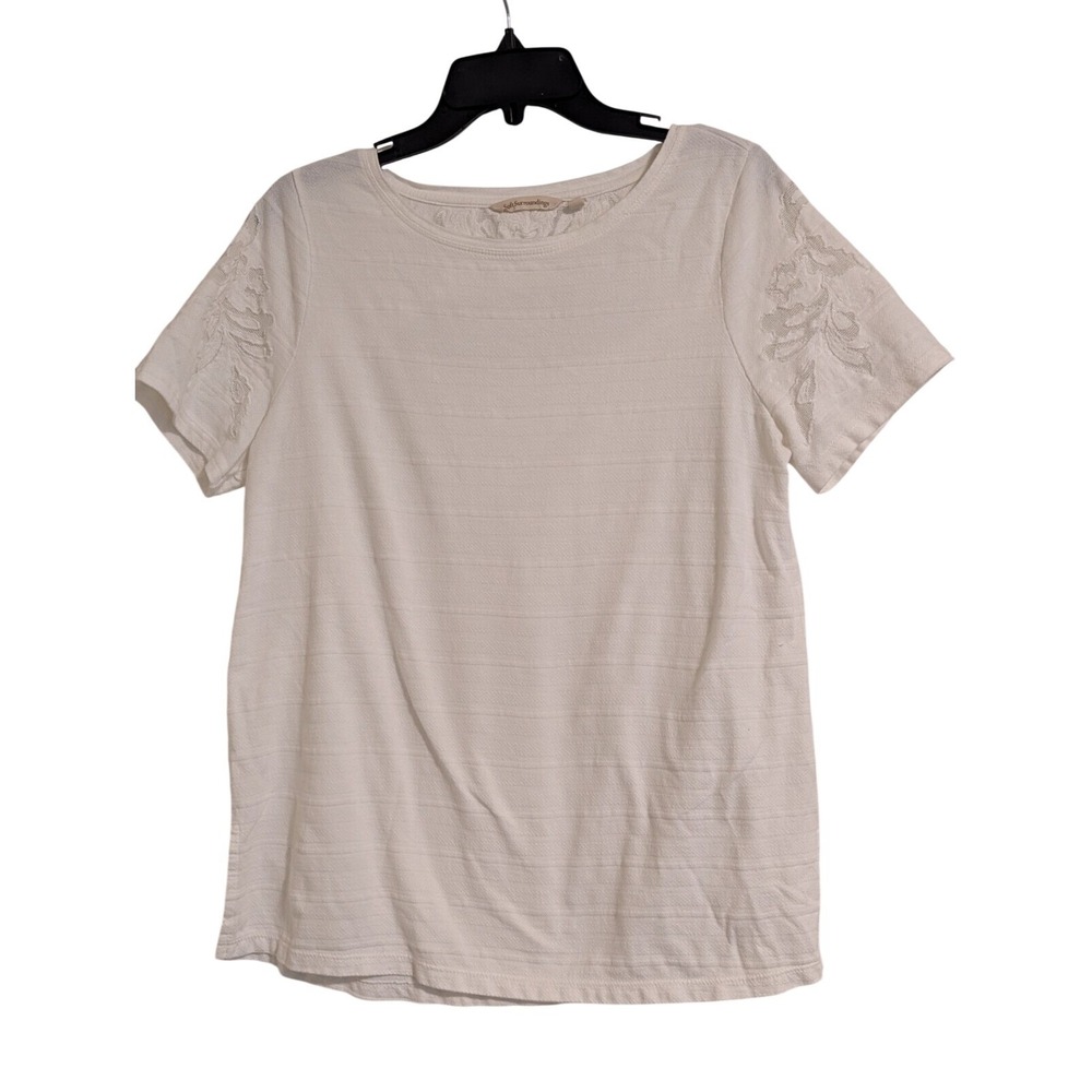 Soft Surroundings Top Womens Size M White Lace Accent Cut Out Back Side Slit